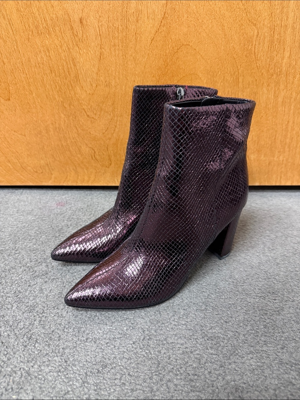 Marc Fisher Pointed Toe Ankle Boots in Metallic Plum Snake